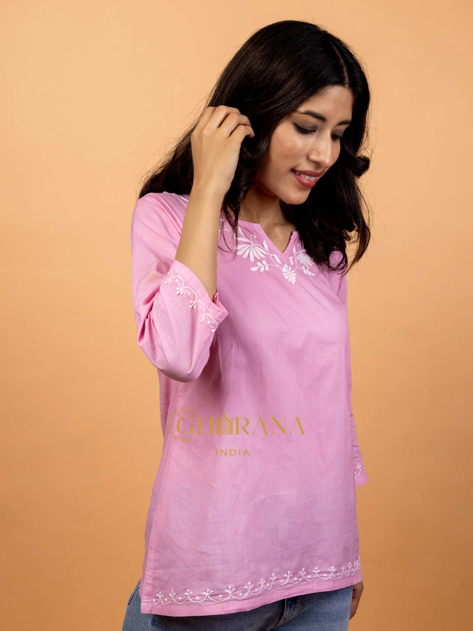 Sahiba Pure Cotton Pink Chikankari Short Top