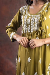 Ishq Rayon Olive Green Angrakha Style Chikankari kurta