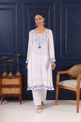 Heer Modal Cotton White Chikankari Kurta in 2 shades of blue