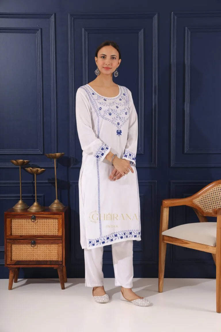 Heer Modal Cotton White Chikankari Kurta in 2 shades of blue
