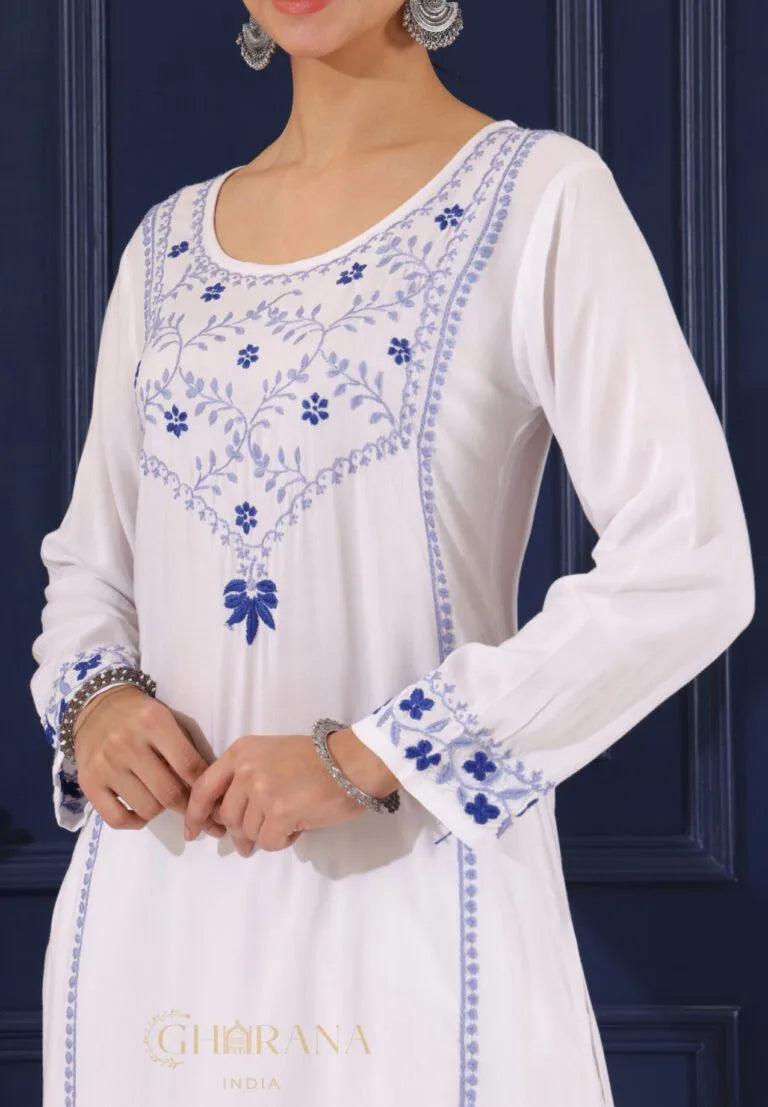 Heer Modal Cotton White Chikankari Kurta in 2 shades of blue