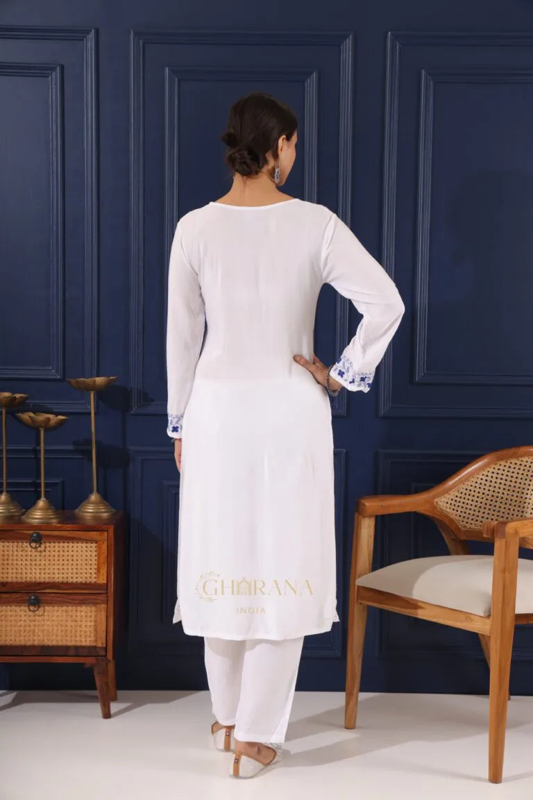 Heer Modal Cotton White Chikankari Kurta in 2 shades of blue