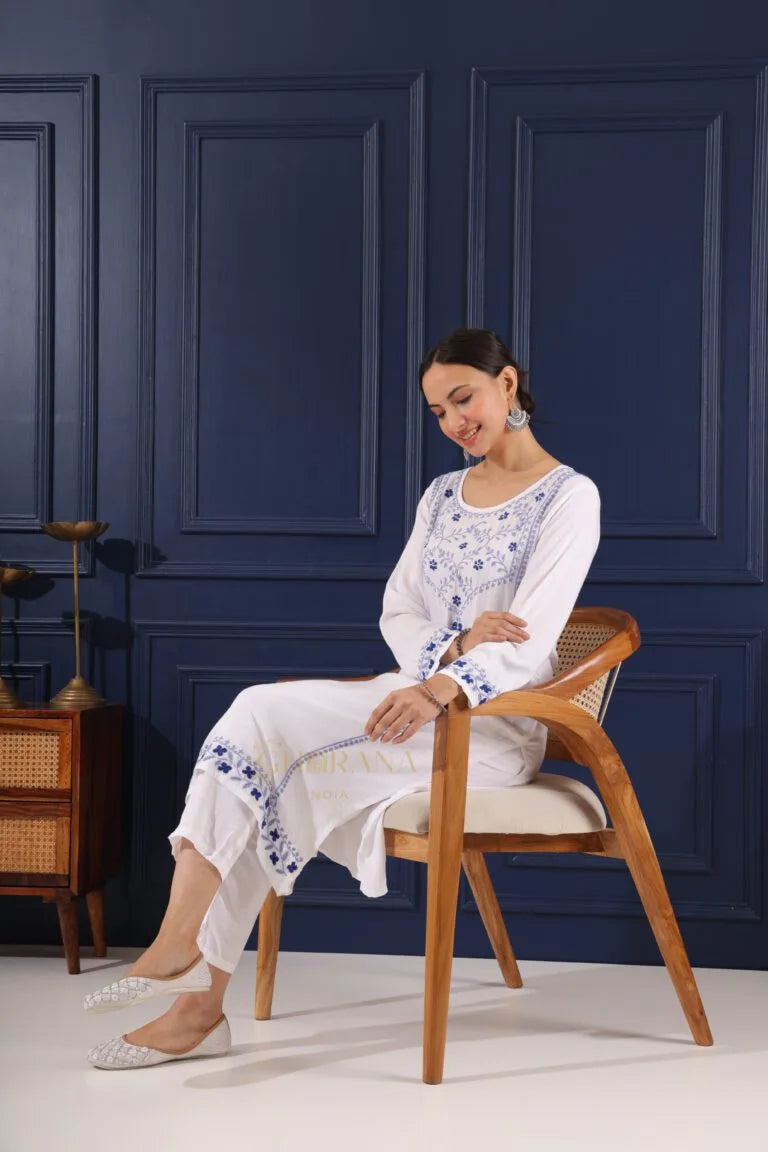Heer Modal Cotton White Chikankari Kurta in 2 shades of blue
