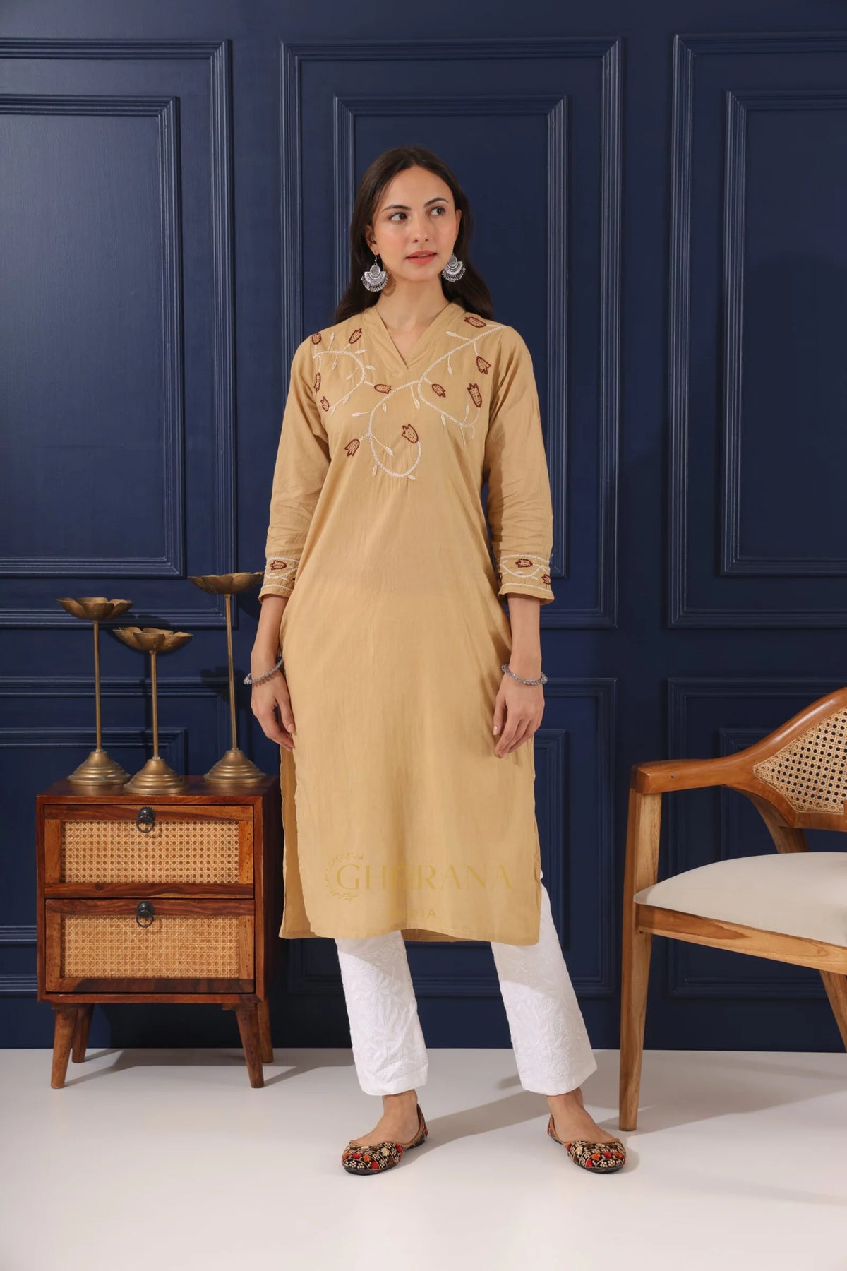 Heer Mul Cotton Beige chikankari Kurta