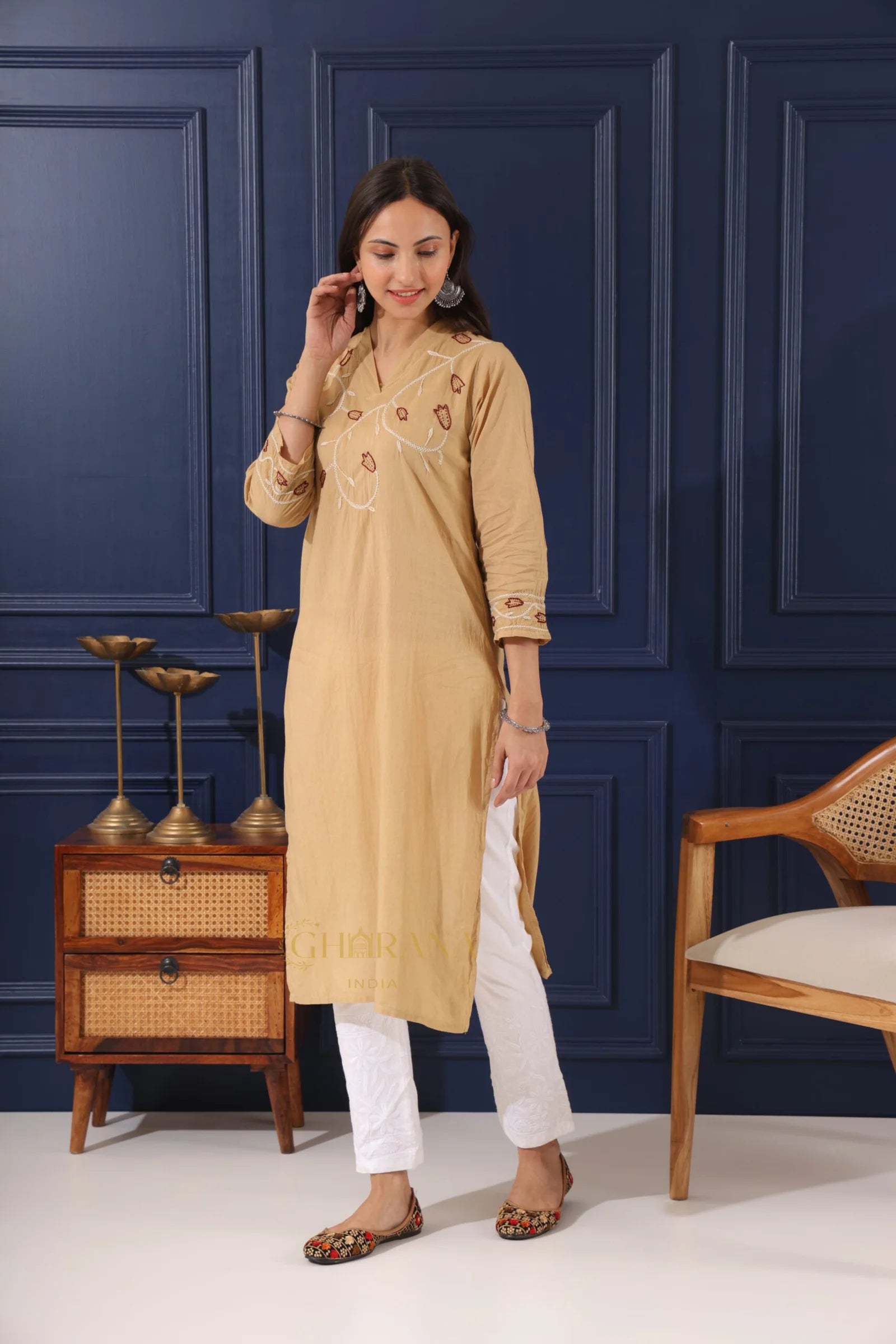 Heer Mul Cotton Beige chikankari Kurta