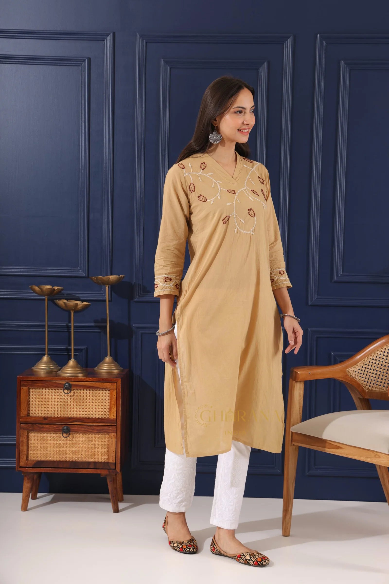 Heer Mul Cotton Beige chikankari Kurta