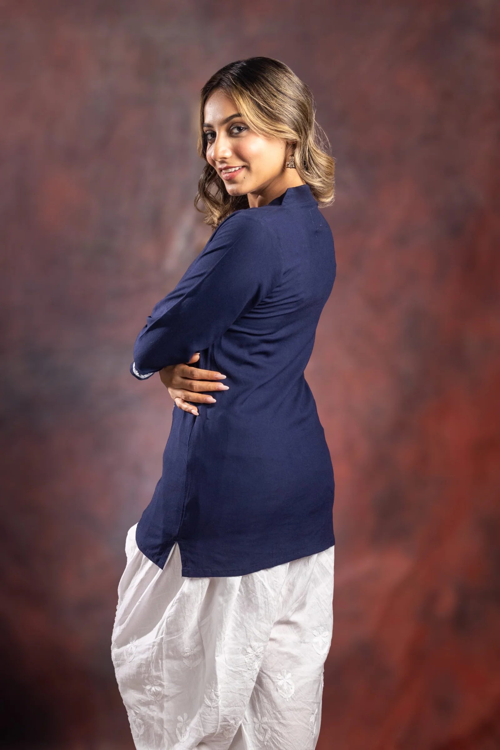 Ishq Rayon Navy Blue Chikankari Top with fine embroidery