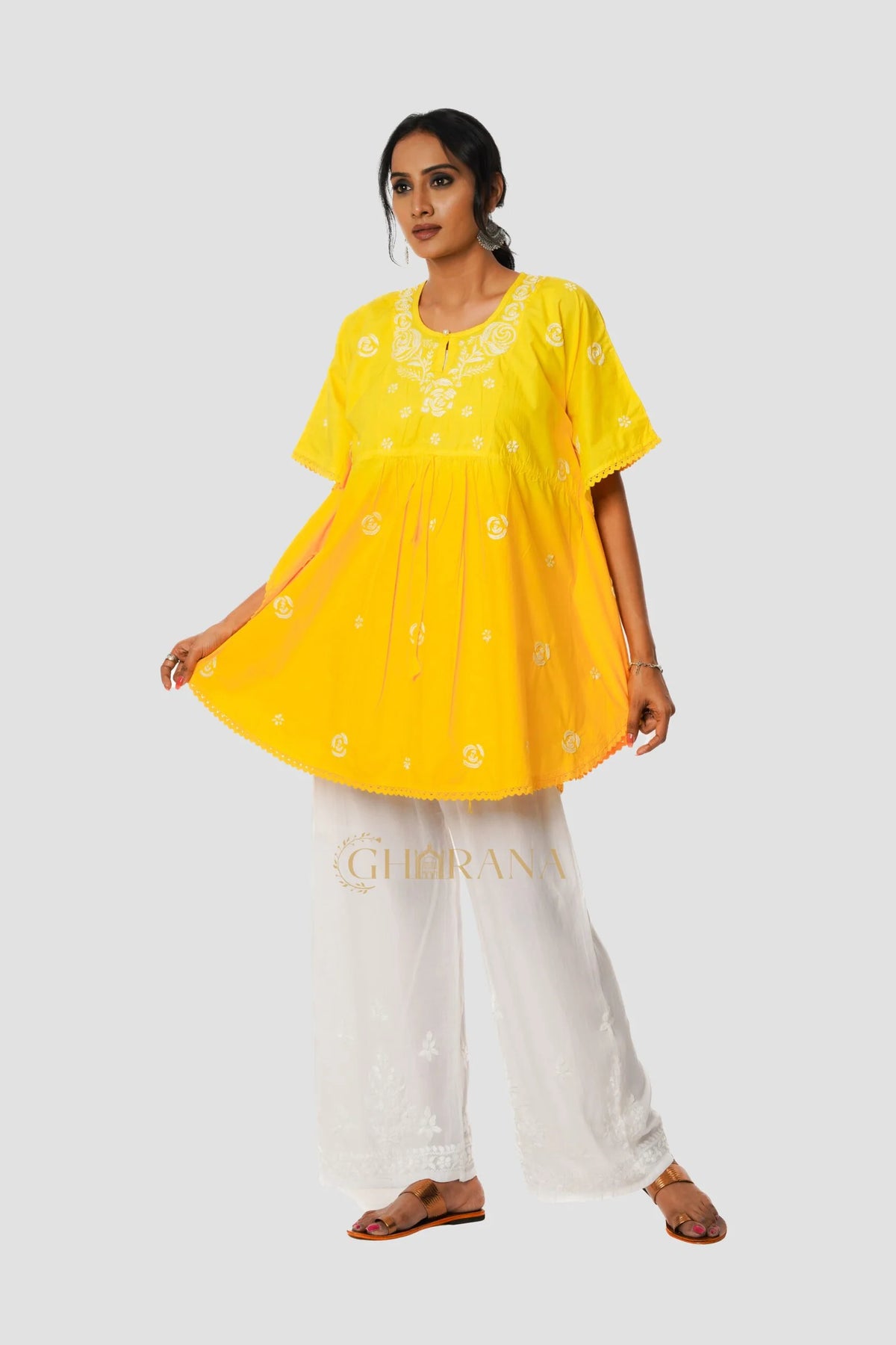 Cotton Chikankari Kaftan – Yellow