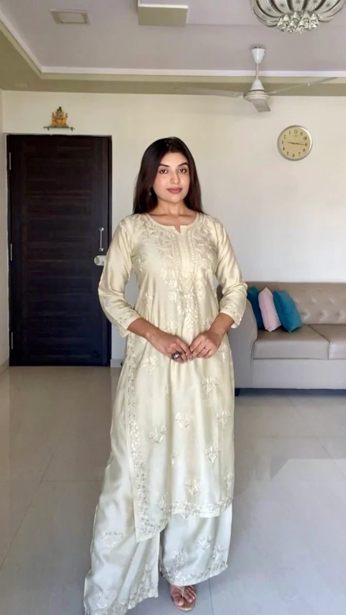 Ruhi Chanderi Chikankari Beige Kurta Set with Embroidered Palazzo