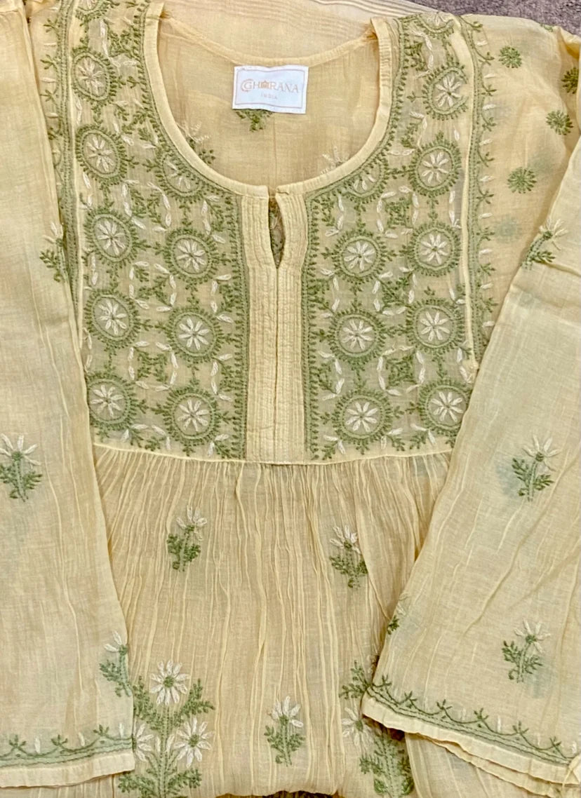 Premium Mul Chanderi Chikankari Semi Stitched Tunic and Dupatta set