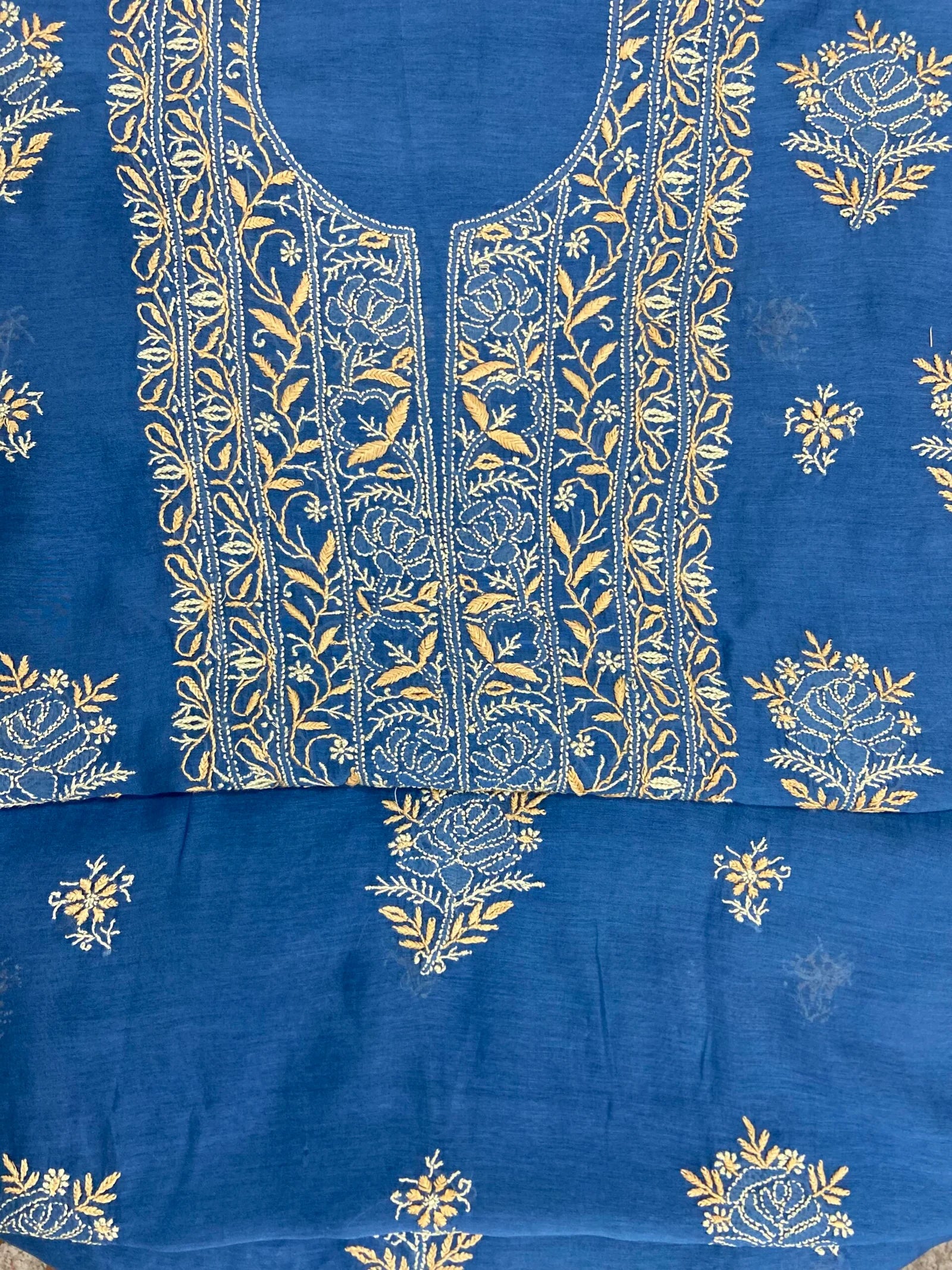 Premium Mul Chanderi Chikankari Unstitched Kurta and Dupatta set – Cobalt Blue