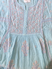 Premium Mulchanderi Chikankari Semi Stitched Tunic and Dupatta set – Powder Blue