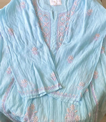 Premium Mulchanderi Chikankari Semi Stitched Tunic and Dupatta set – Powder Blue