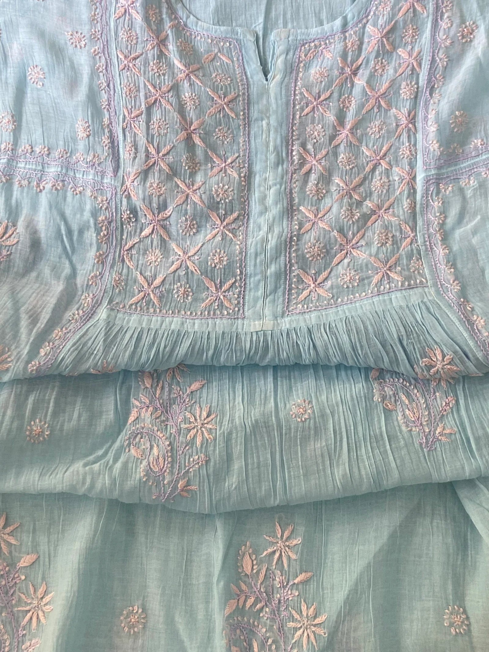 Premium Mulchanderi Chikankari Semi Stitched Tunic and Dupatta set – Powder Blue