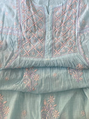 Premium Mulchanderi Chikankari Semi Stitched Tunic and Dupatta set – Powder Blue