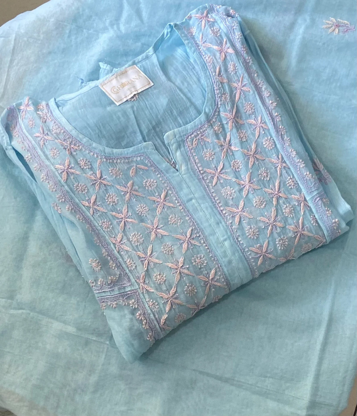 Premium Mulchanderi Chikankari Semi Stitched Tunic and Dupatta set – Powder Blue