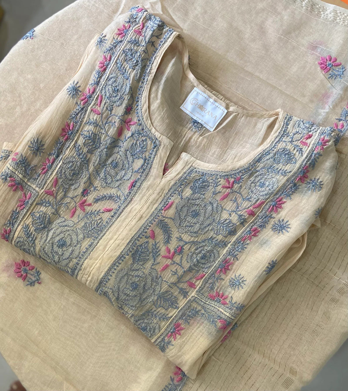 Premium Mulchanderi Chikankari Semi Stitched Tunic and Dupatta set – Beige