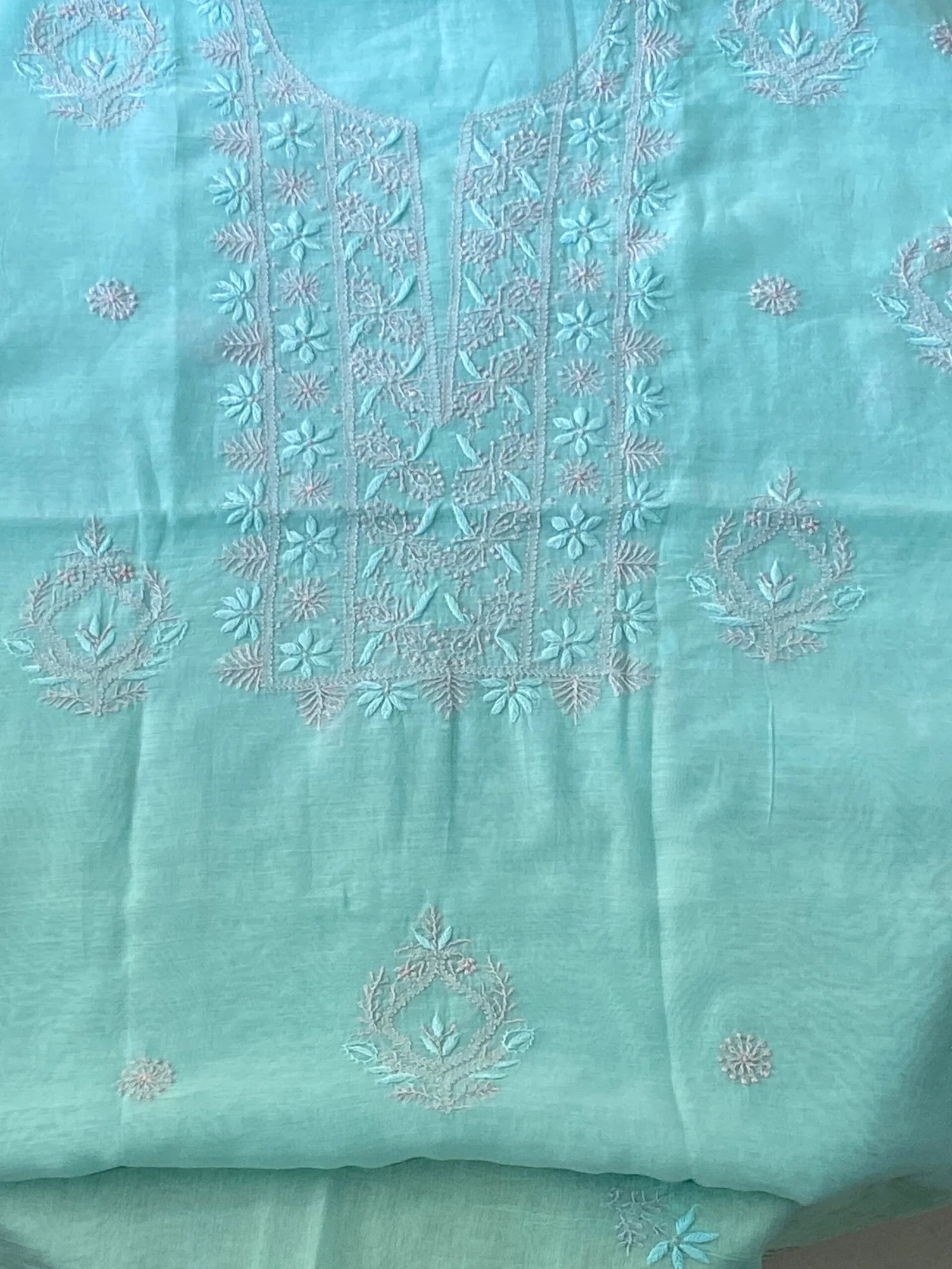 Premium Mul Chanderi Chikankari Unstitched Kurta and Dupatta set – Turquoise