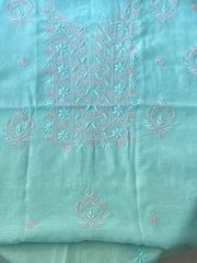 Premium Mul Chanderi Chikankari Unstitched Kurta and Dupatta set – Turquoise