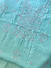Premium Mul Chanderi Chikankari Unstitched Kurta and Dupatta set – Turquoise