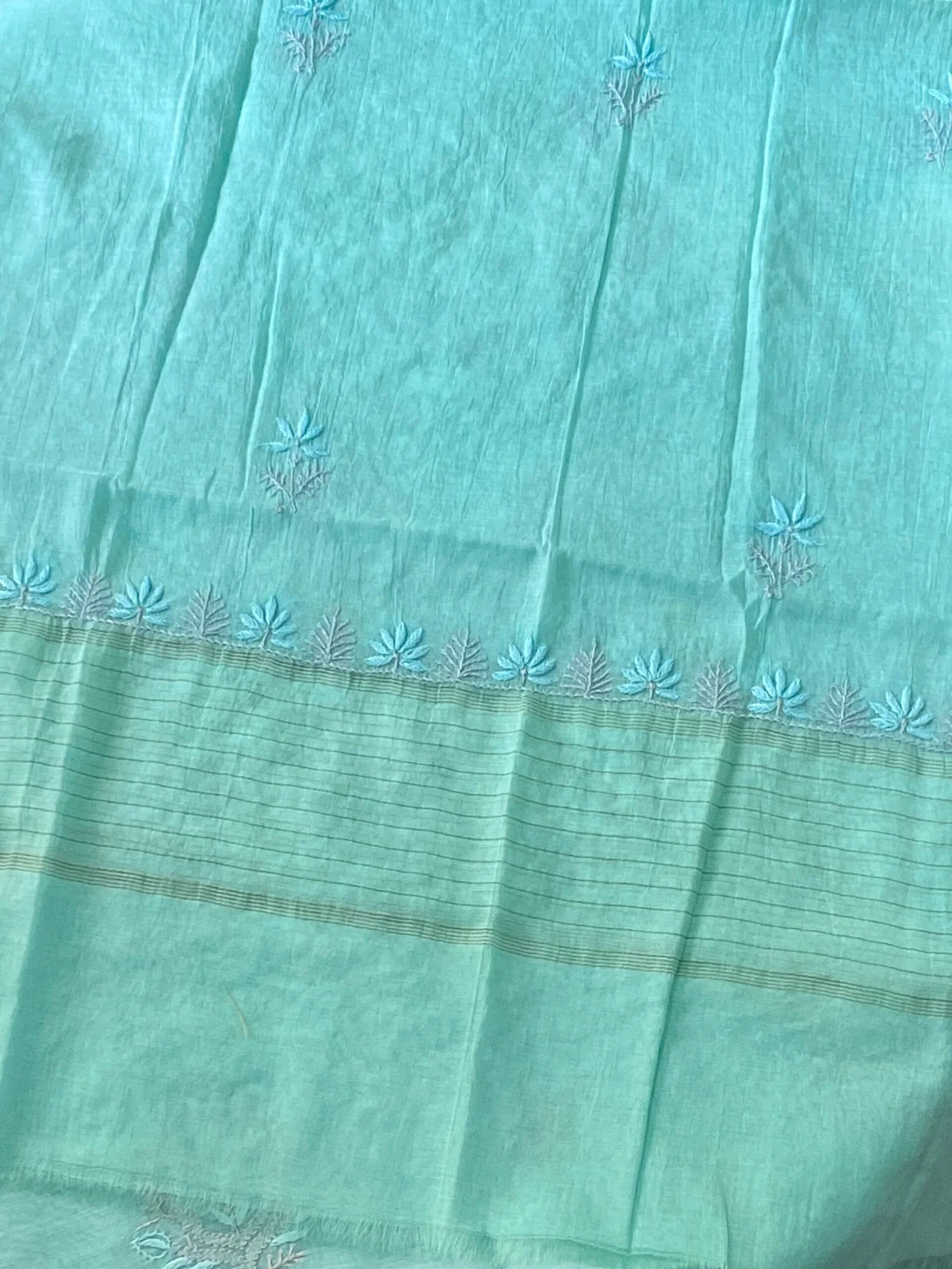 Premium Mul Chanderi Chikankari Unstitched Kurta and Dupatta set – Turquoise