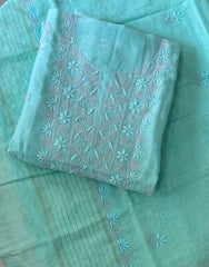 Premium Mul Chanderi Chikankari Unstitched Kurta and Dupatta set – Turquoise