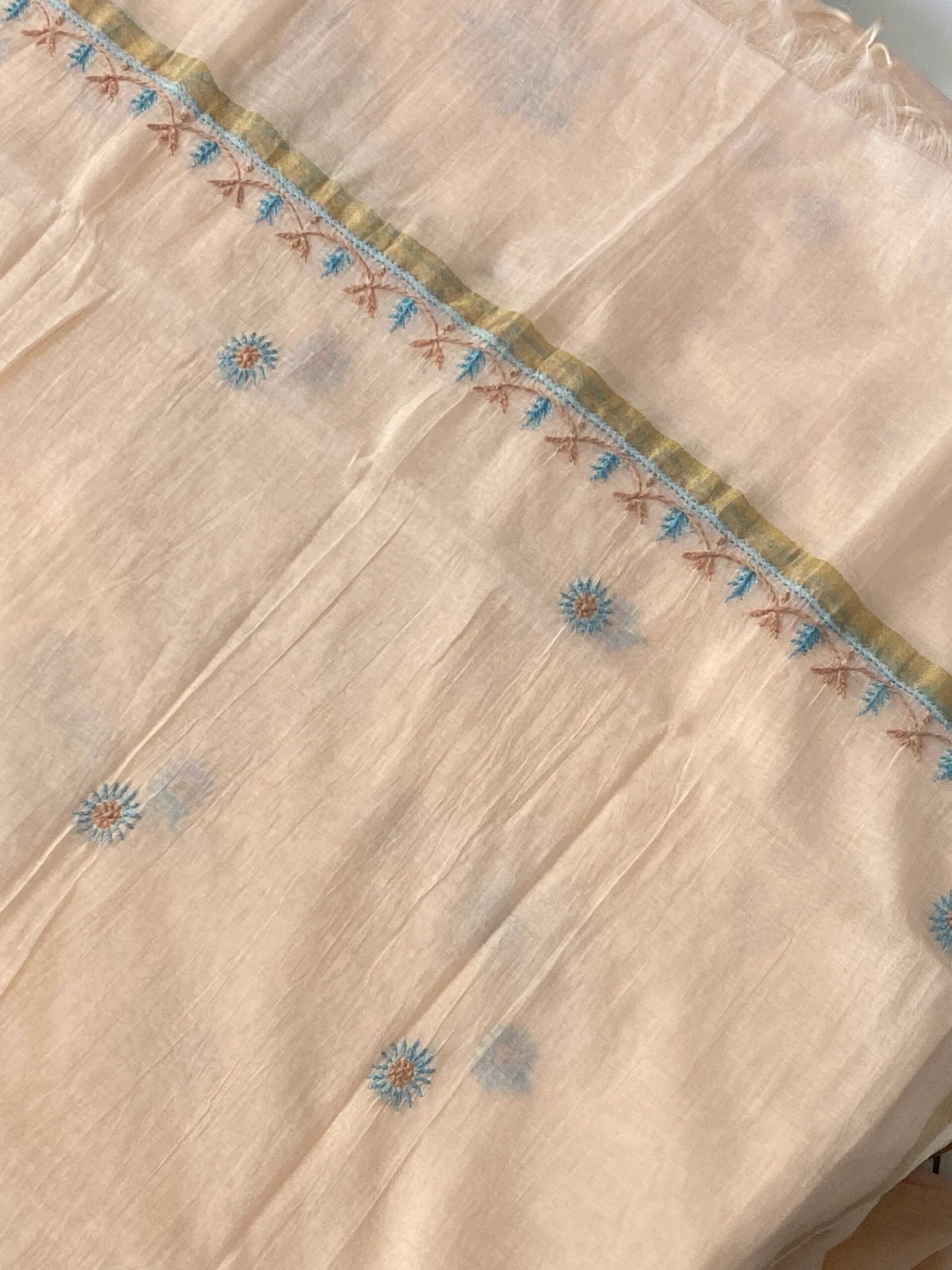 Premium Mul Chanderi Chikankari Unstitched Kurta and Dupatta set – Peach