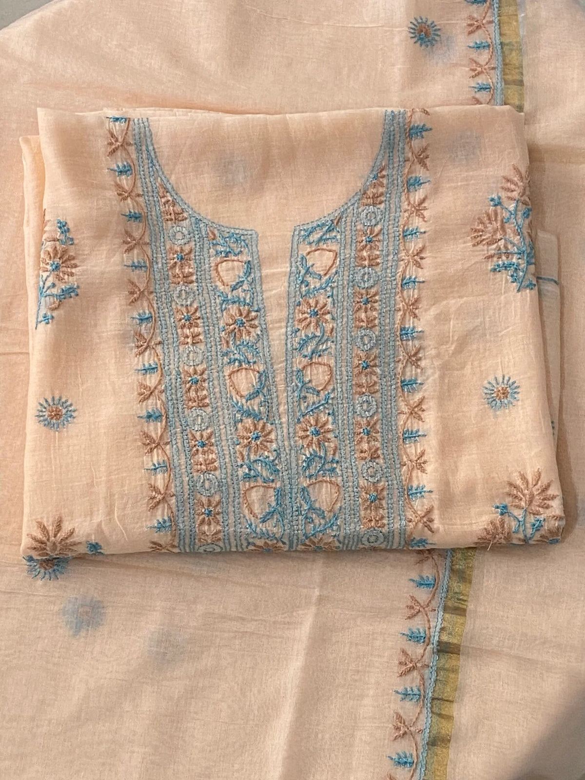 Premium Mul Chanderi Chikankari Unstitched Kurta and Dupatta set – Peach