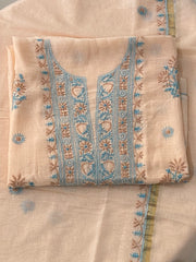 Premium Mul Chanderi Chikankari Unstitched Kurta and Dupatta set – Peach