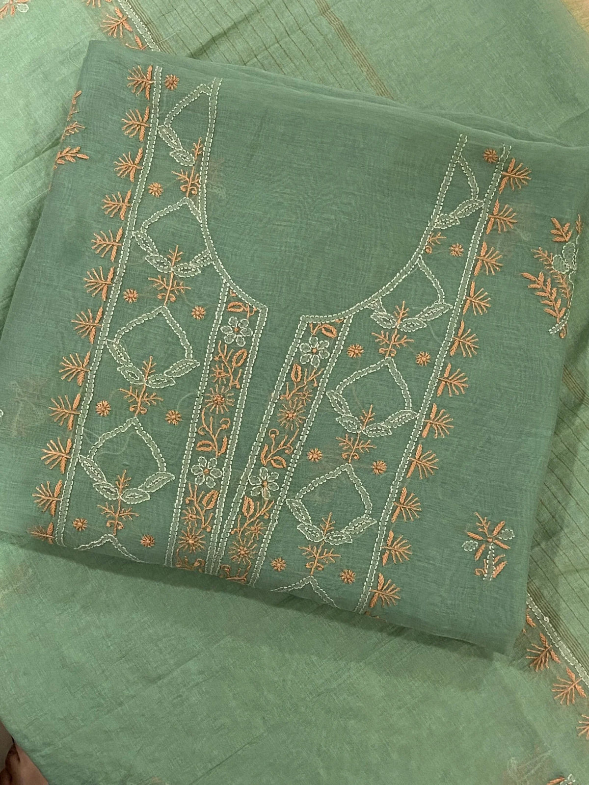 Premium Mul Chanderi Chikankari Unstitched Kurta and Dupatta set – Sage Green
