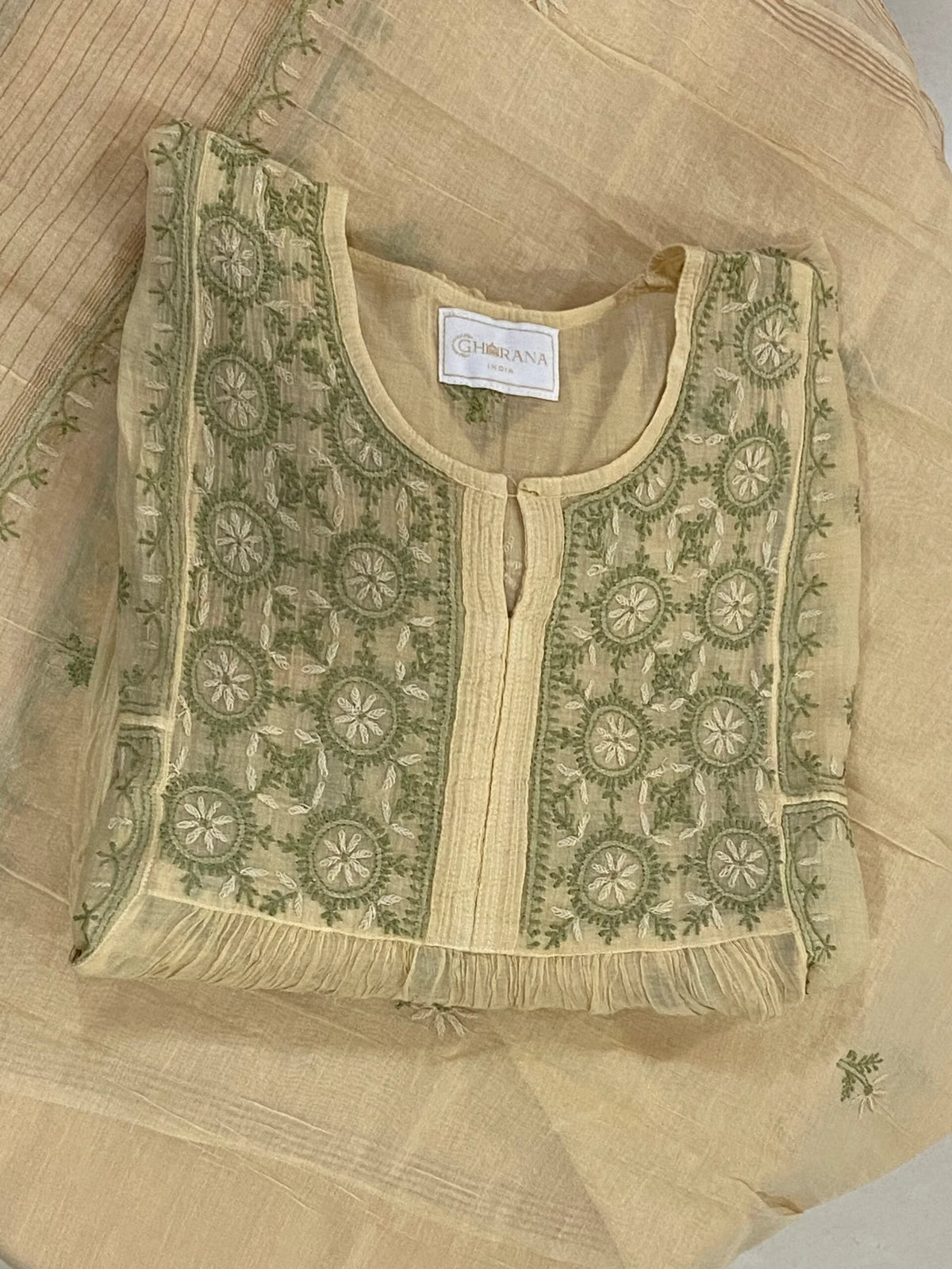 Premium Mul Chanderi Chikankari Semi Stitched Tunic and Dupatta set