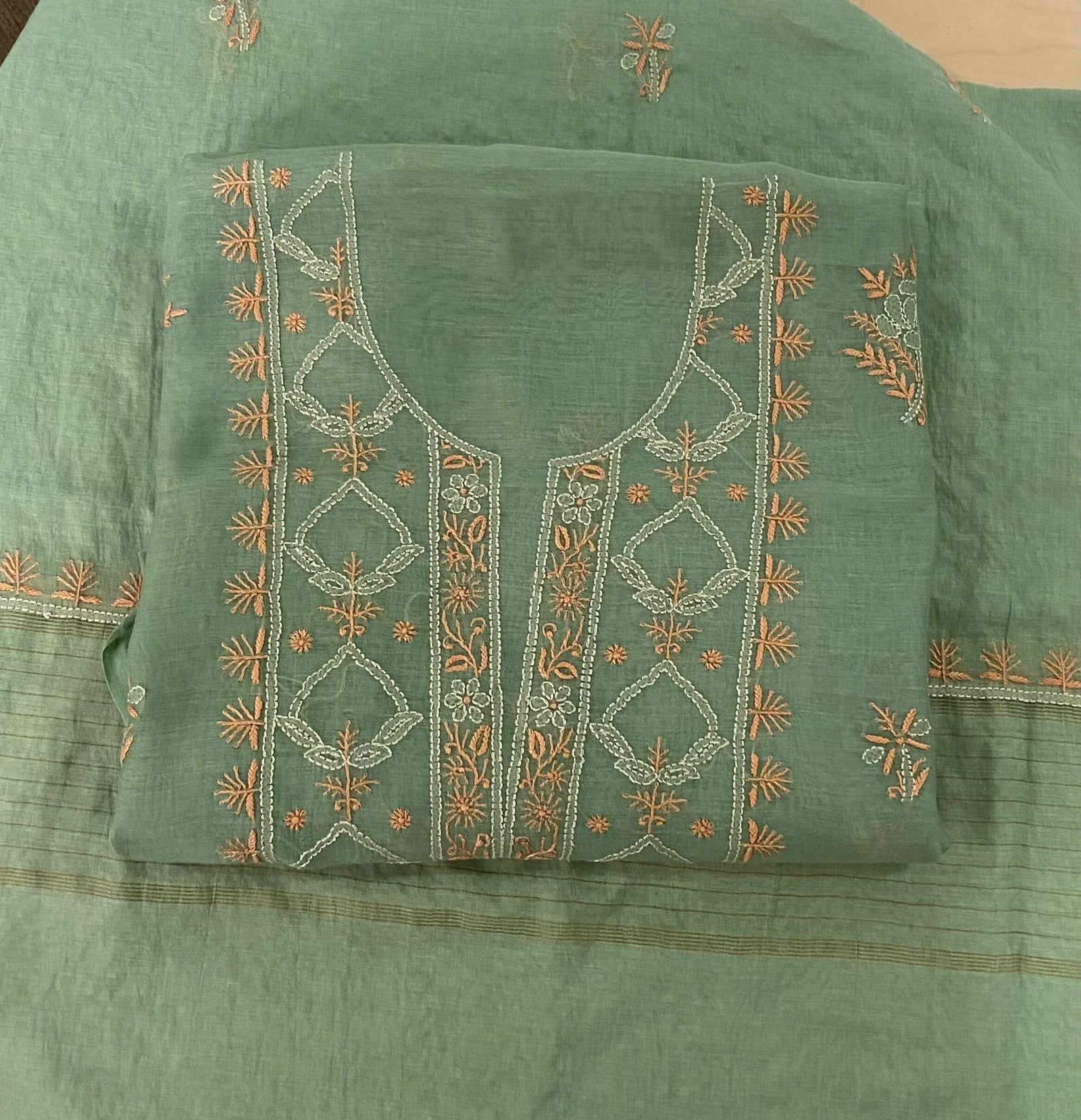 Premium Mul Chanderi Chikankari Unstitched Kurta and Dupatta set – Sage Green