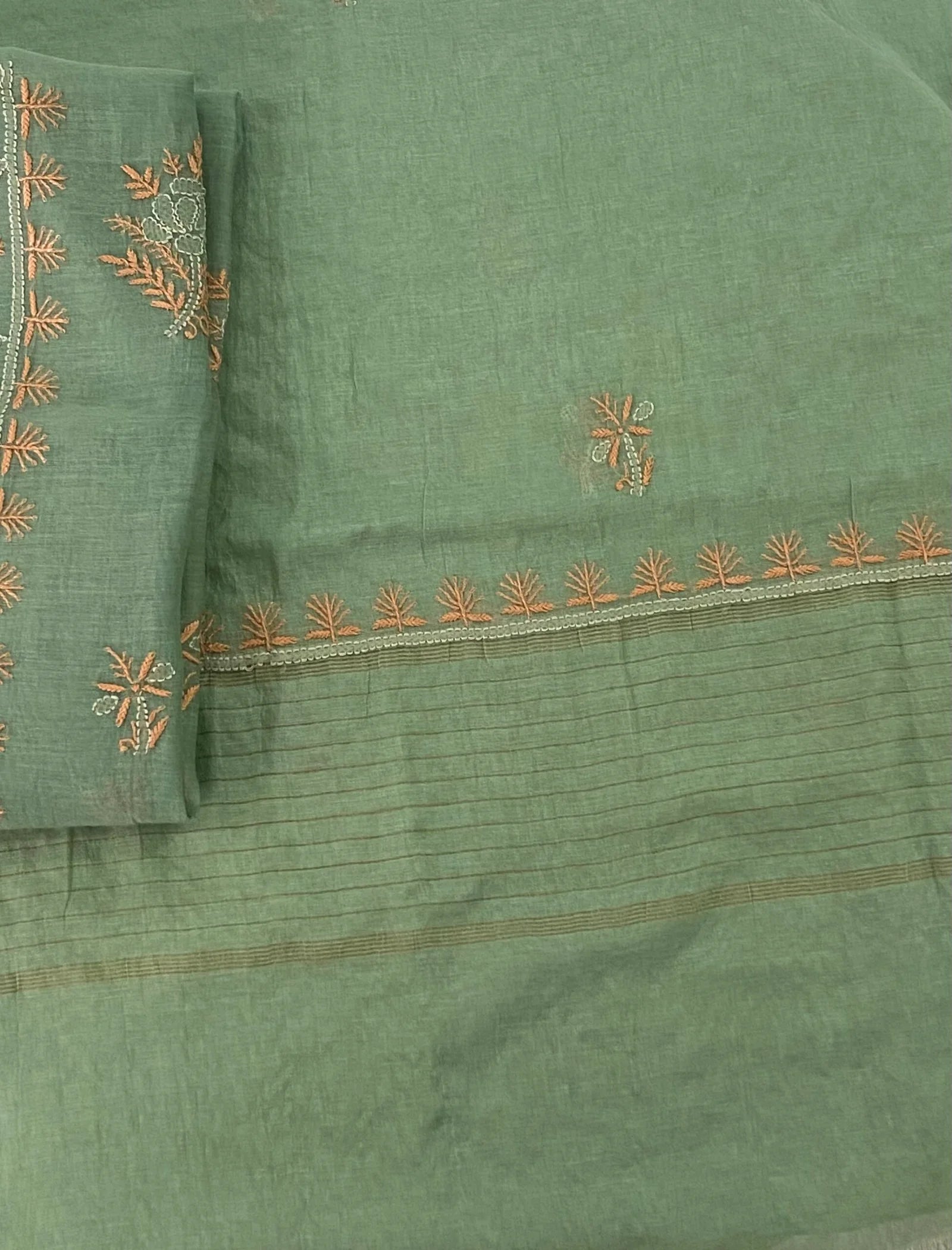 Premium Mul Chanderi Chikankari Unstitched Kurta and Dupatta set – Sage Green