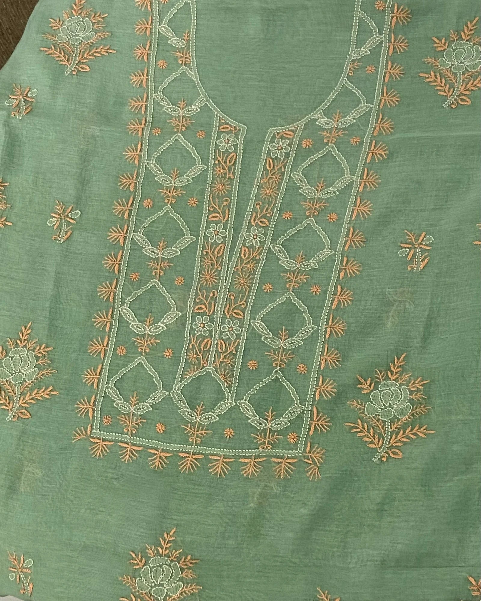 Premium Mul Chanderi Chikankari Unstitched Kurta and Dupatta set – Sage Green