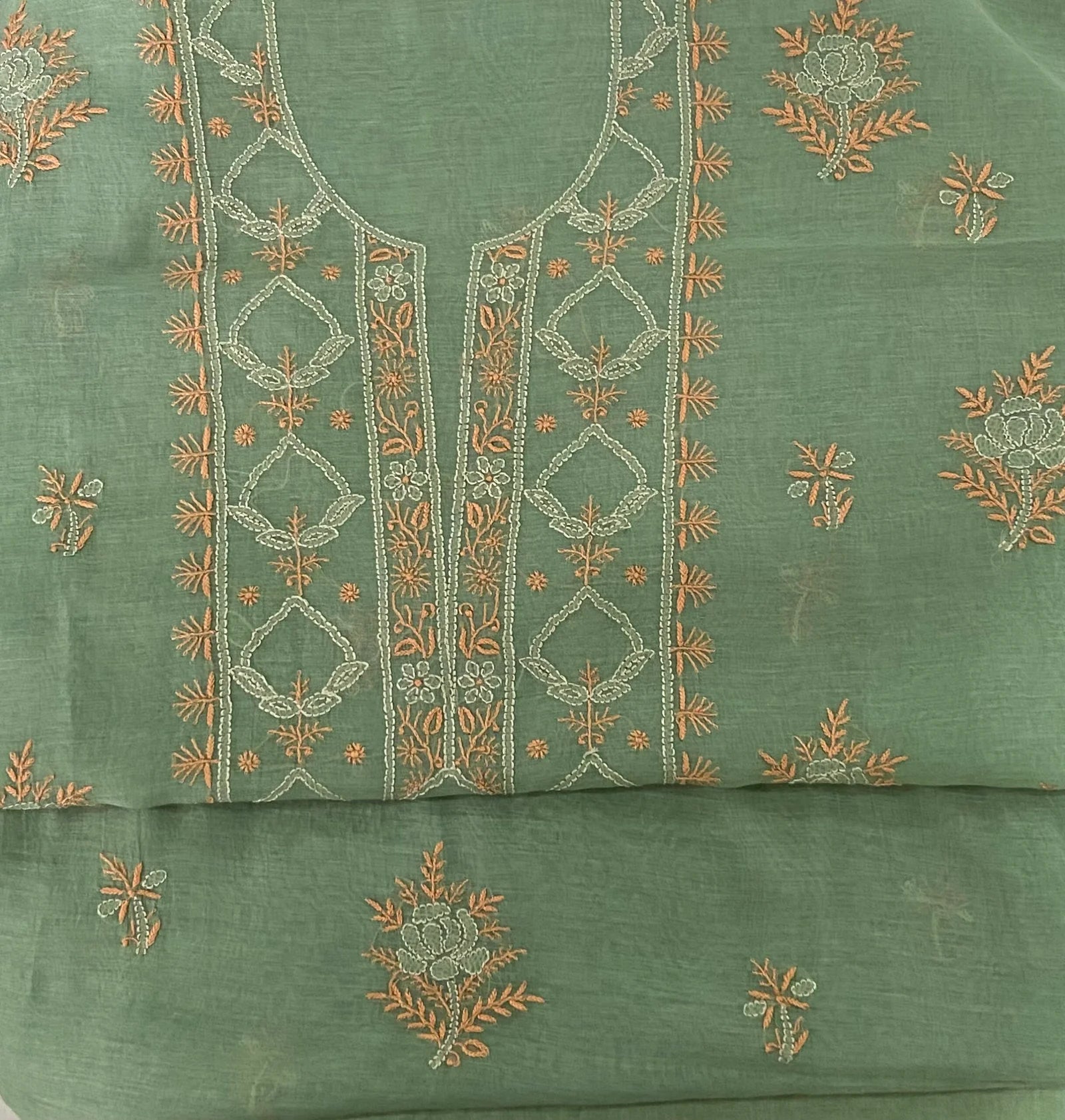 Premium Mul Chanderi Chikankari Unstitched Kurta and Dupatta set – Sage Green