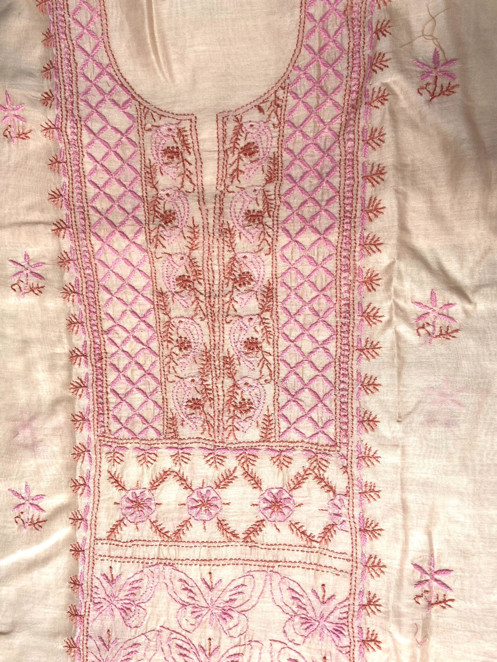 Premium Mul Chanderi Chikankari Unstitched Kurta and Dupatta set – Blush Pink