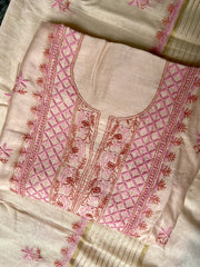 Premium Mul Chanderi Chikankari Unstitched Kurta and Dupatta set – Blush Pink