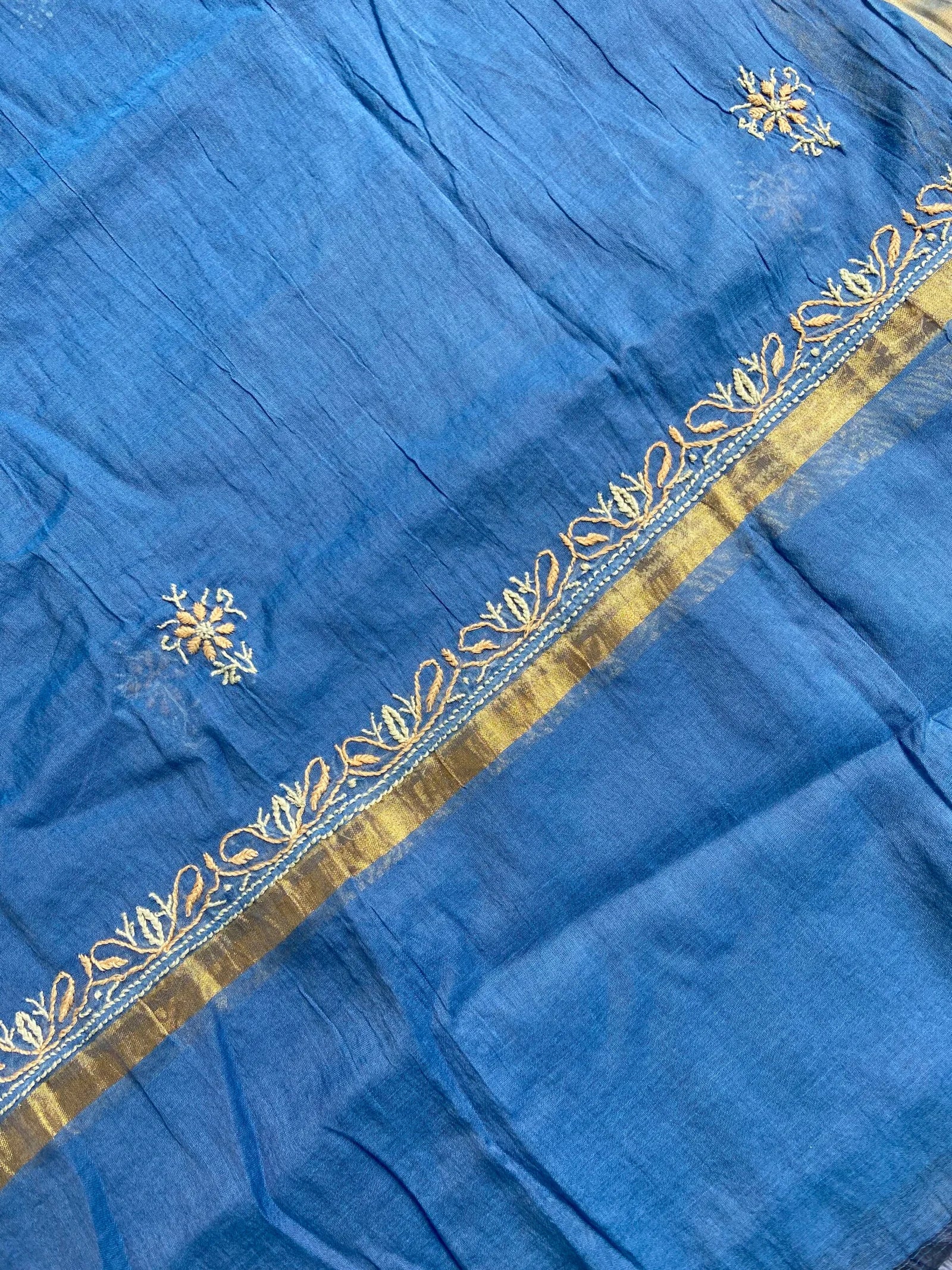 Premium Mul Chanderi Chikankari Unstitched Kurta and Dupatta set – Cobalt Blue