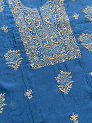 Premium Mul Chanderi Chikankari Unstitched Kurta and Dupatta set – Cobalt Blue