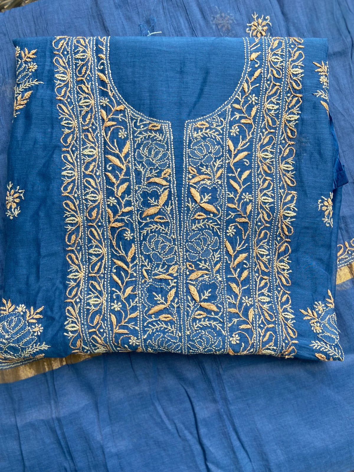 Premium Mul Chanderi Chikankari Unstitched Kurta and Dupatta set – Cobalt Blue