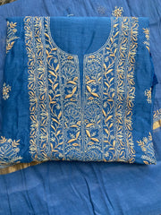 Premium Mul Chanderi Chikankari Unstitched Kurta and Dupatta set – Cobalt Blue