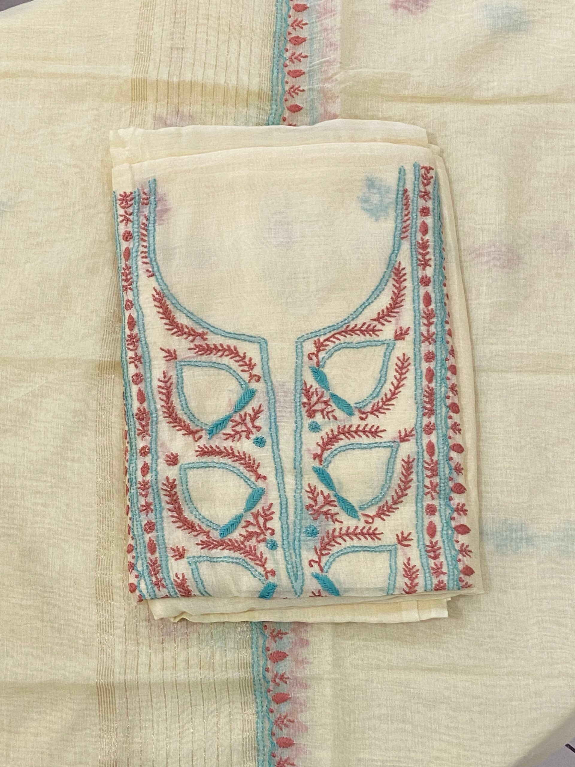 Premium Mul Chanderi 2 piece Chikankari Unstitched 2 piece Kurta and Dupatta set – Pastel Yellow
