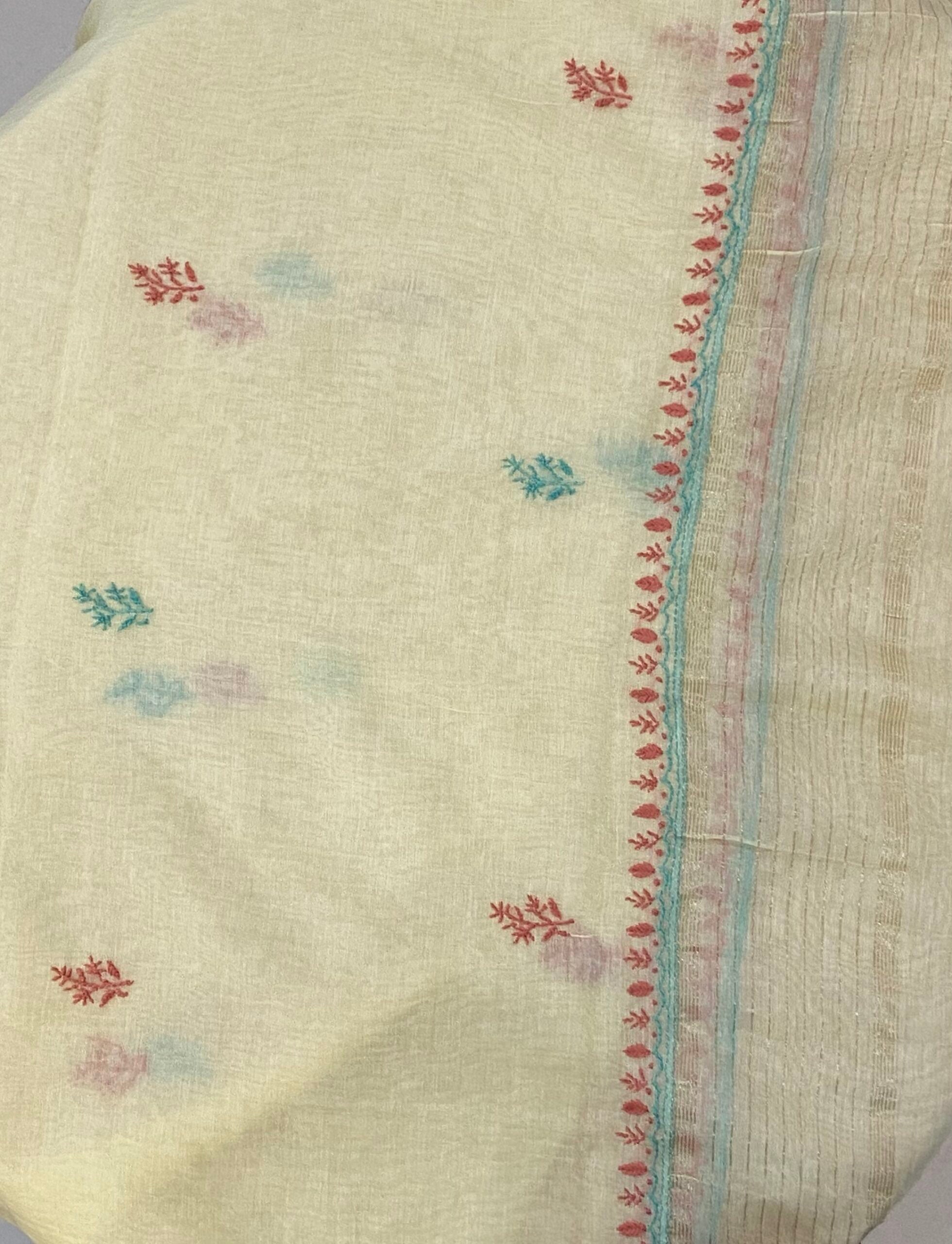Premium Mul Chanderi 2 piece Chikankari Unstitched 2 piece Kurta and Dupatta set – Pastel Yellow
