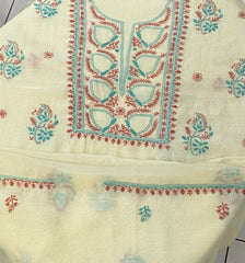 Premium Mul Chanderi 2 piece Chikankari Unstitched 2 piece Kurta and Dupatta set – Pastel Yellow