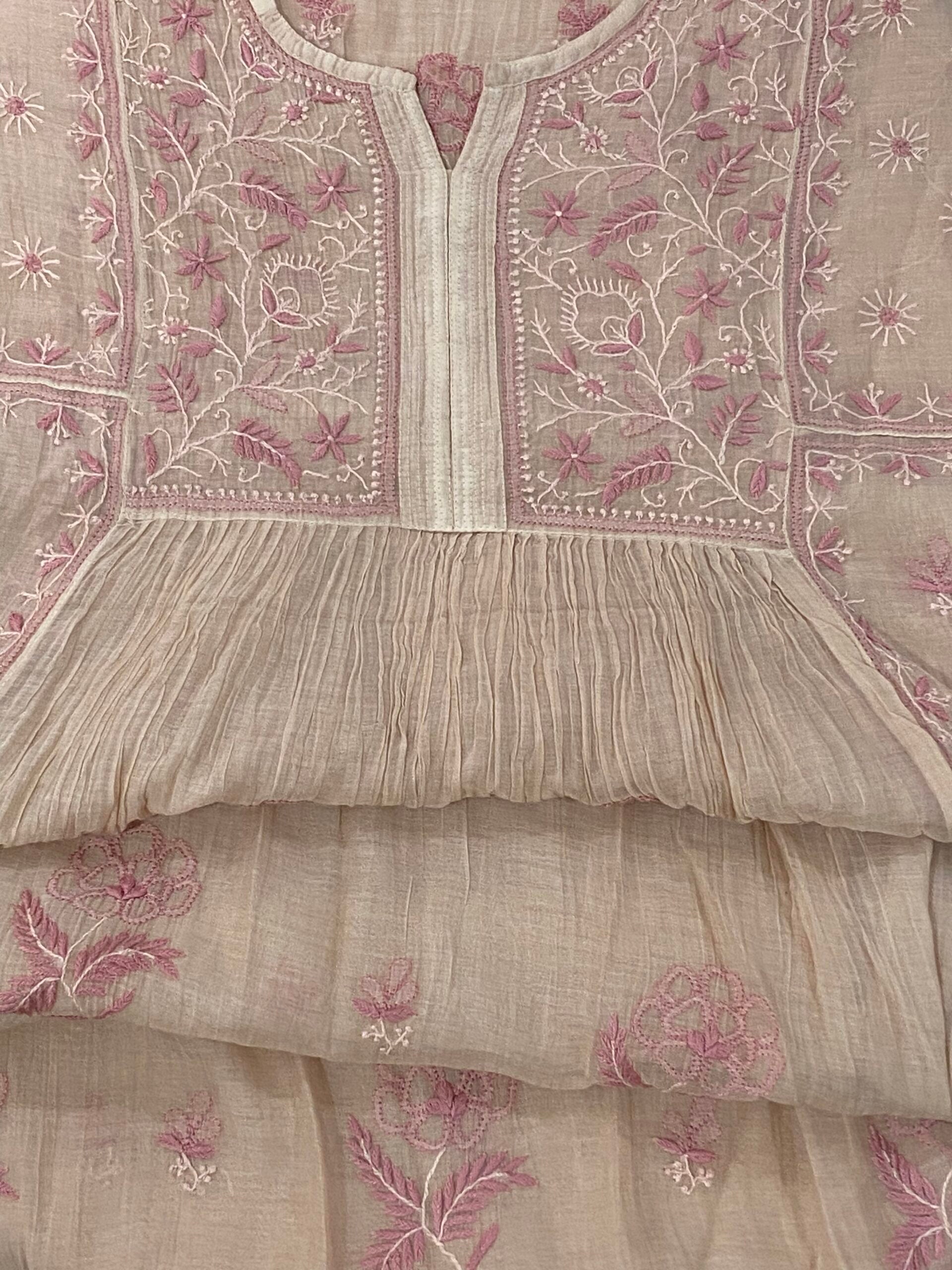 Premium Mulchanderi Chikankari Semi Stitched 2 piece Tunic and Dupatta set – Beige