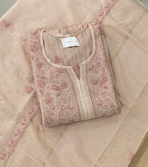 Premium Mulchanderi Chikankari Semi Stitched 2 piece Tunic and Dupatta set – Beige