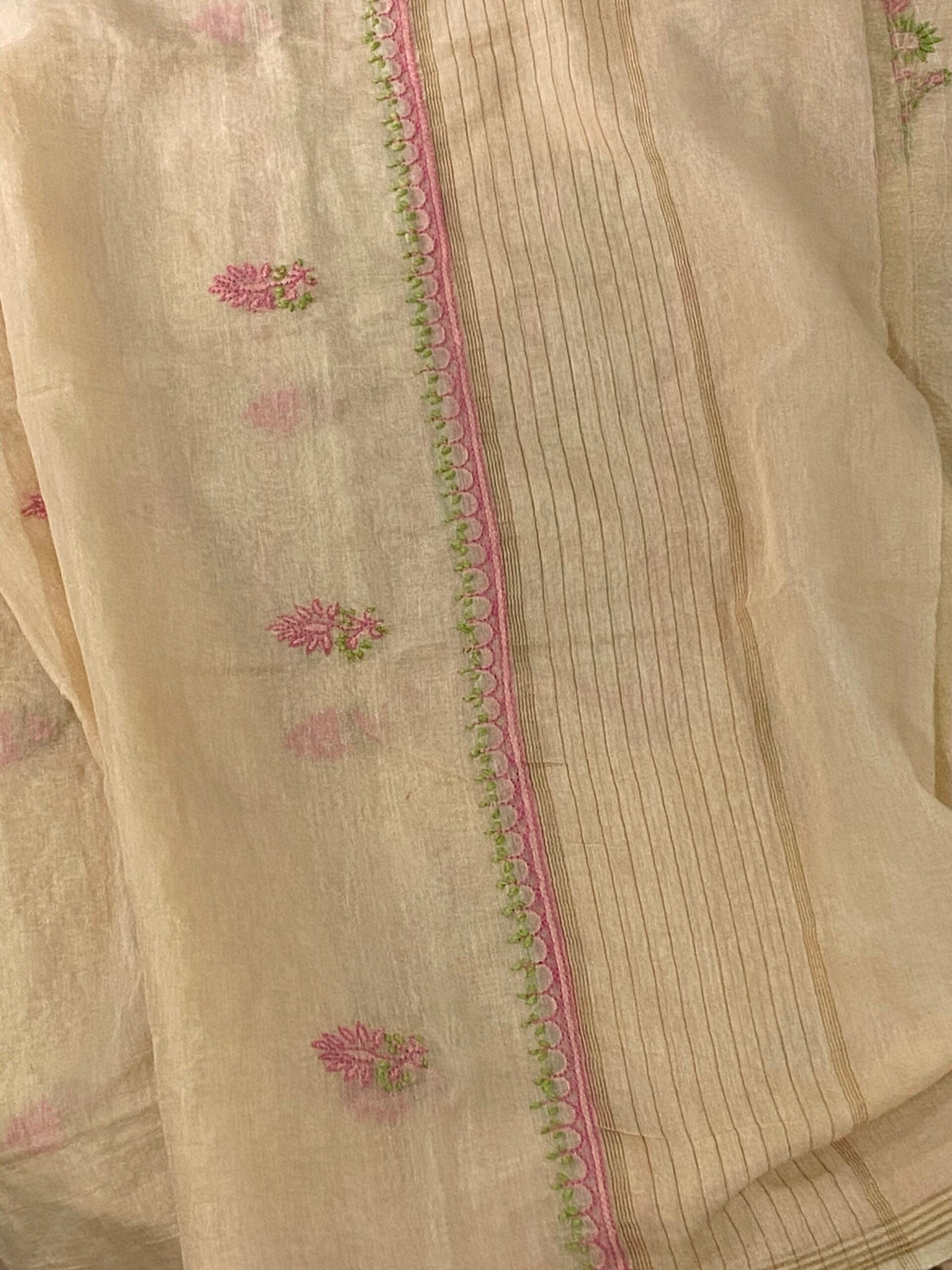 Premium Mul Chanderi 2 piece Chikankari Unstitched 2 piece Kurta and Dupatta set – Dark beige