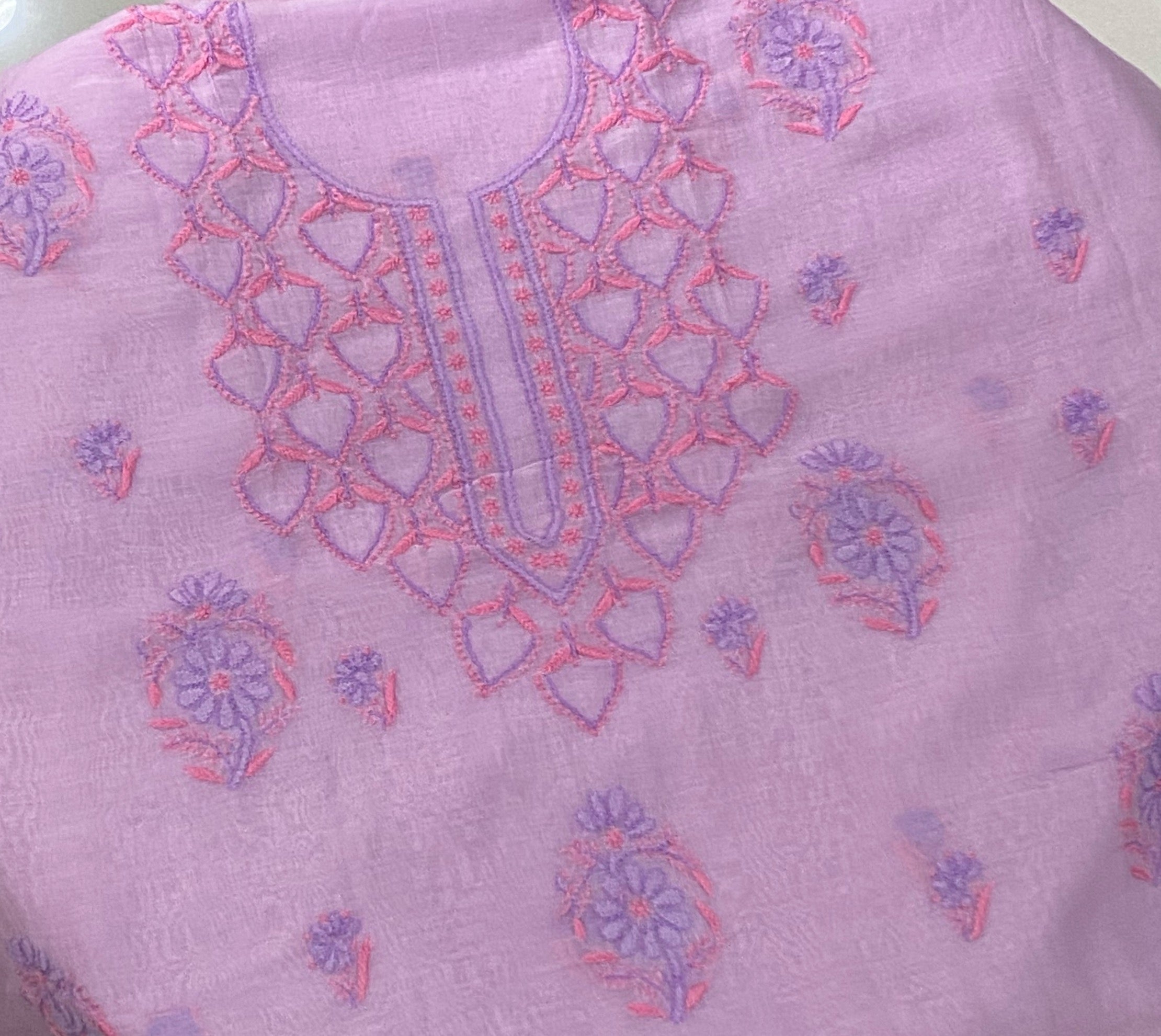 Premium Mul Chanderi 2 piece Chikankari Unstitched Kurta and Dupatta set - Lavender
