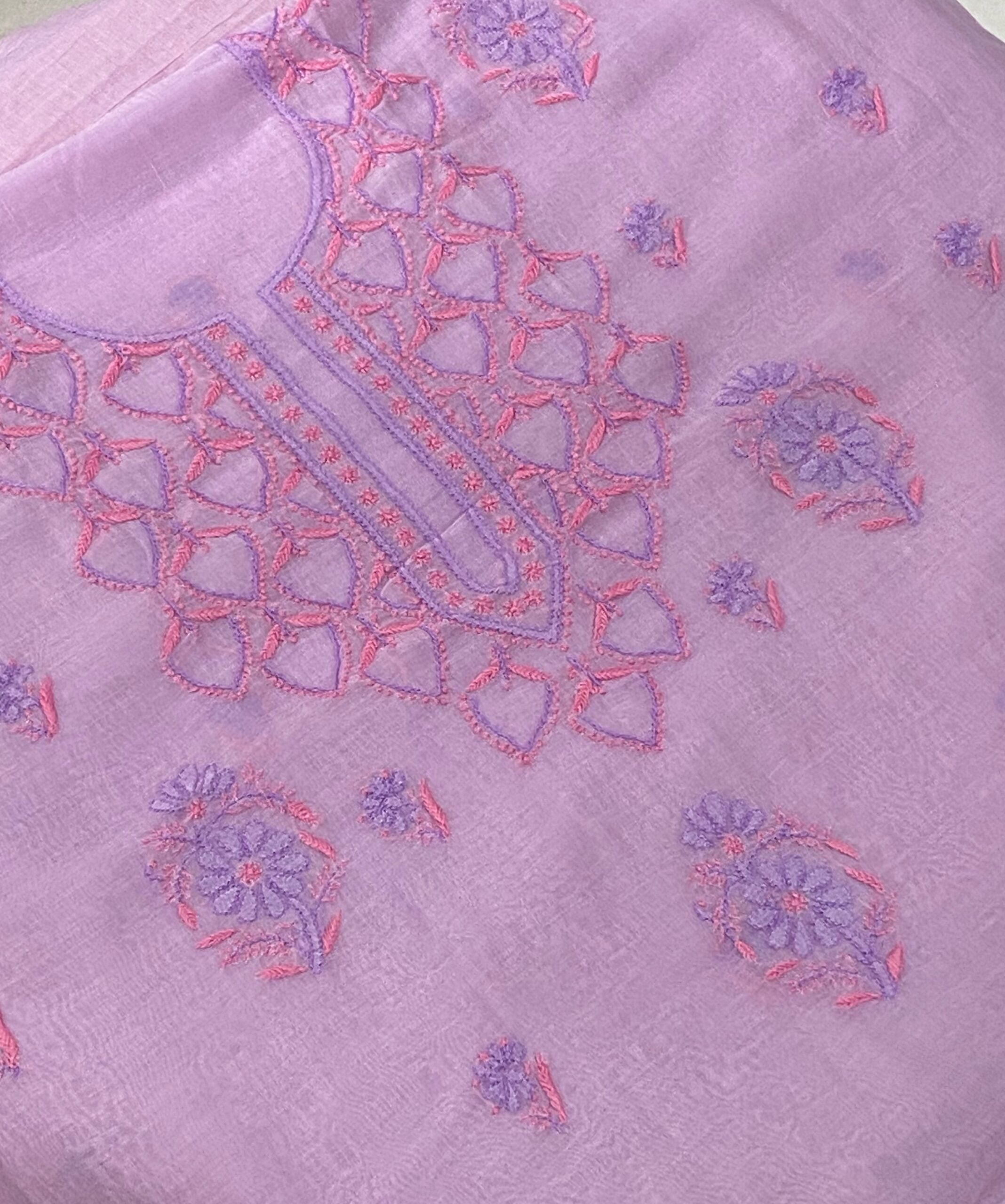 Premium Mul Chanderi 2 piece Chikankari Unstitched Kurta and Dupatta set - Lavender