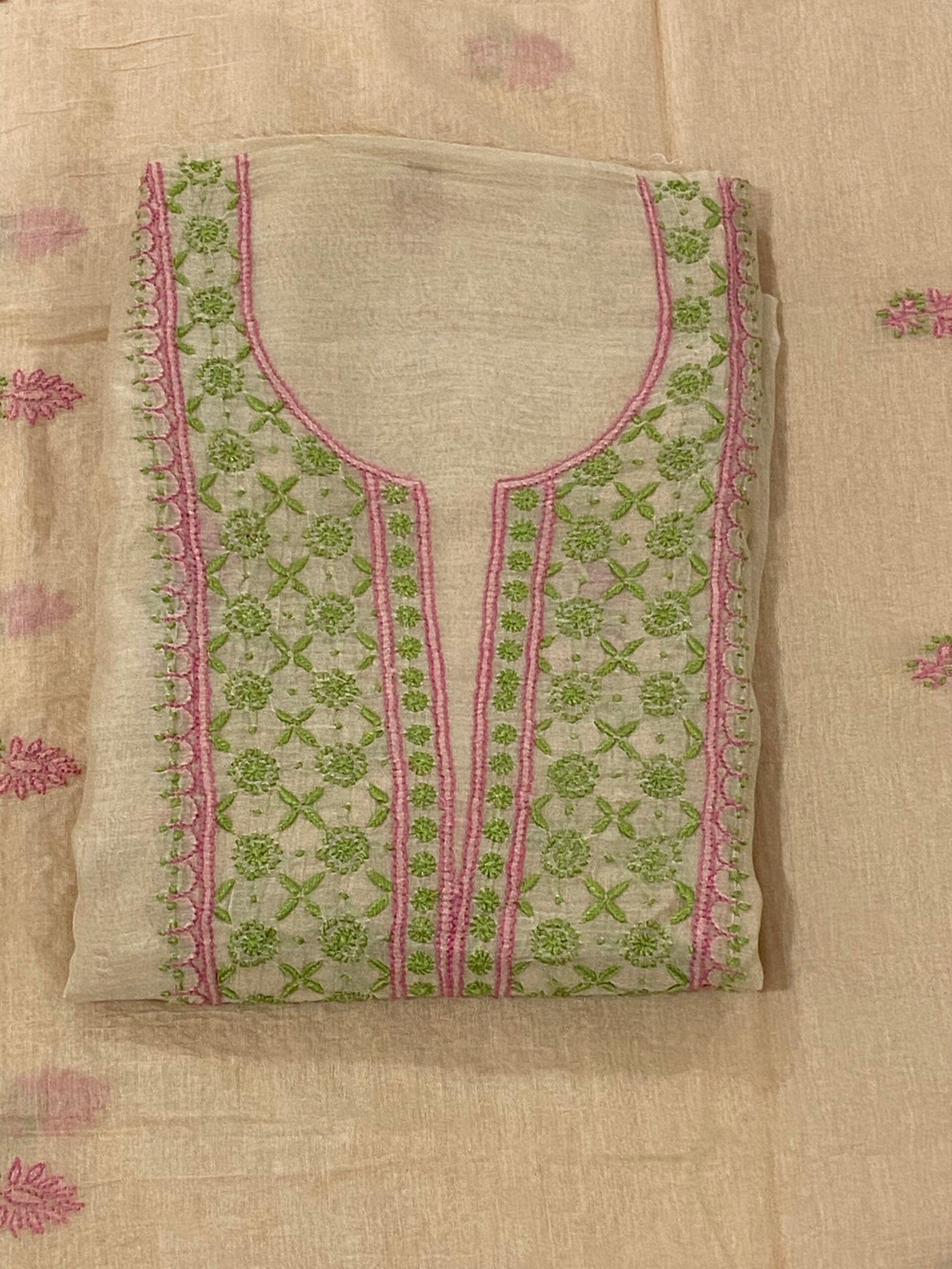 Premium Mul Chanderi 2 piece Chikankari Unstitched 2 piece Kurta and Dupatta set – Dark beige